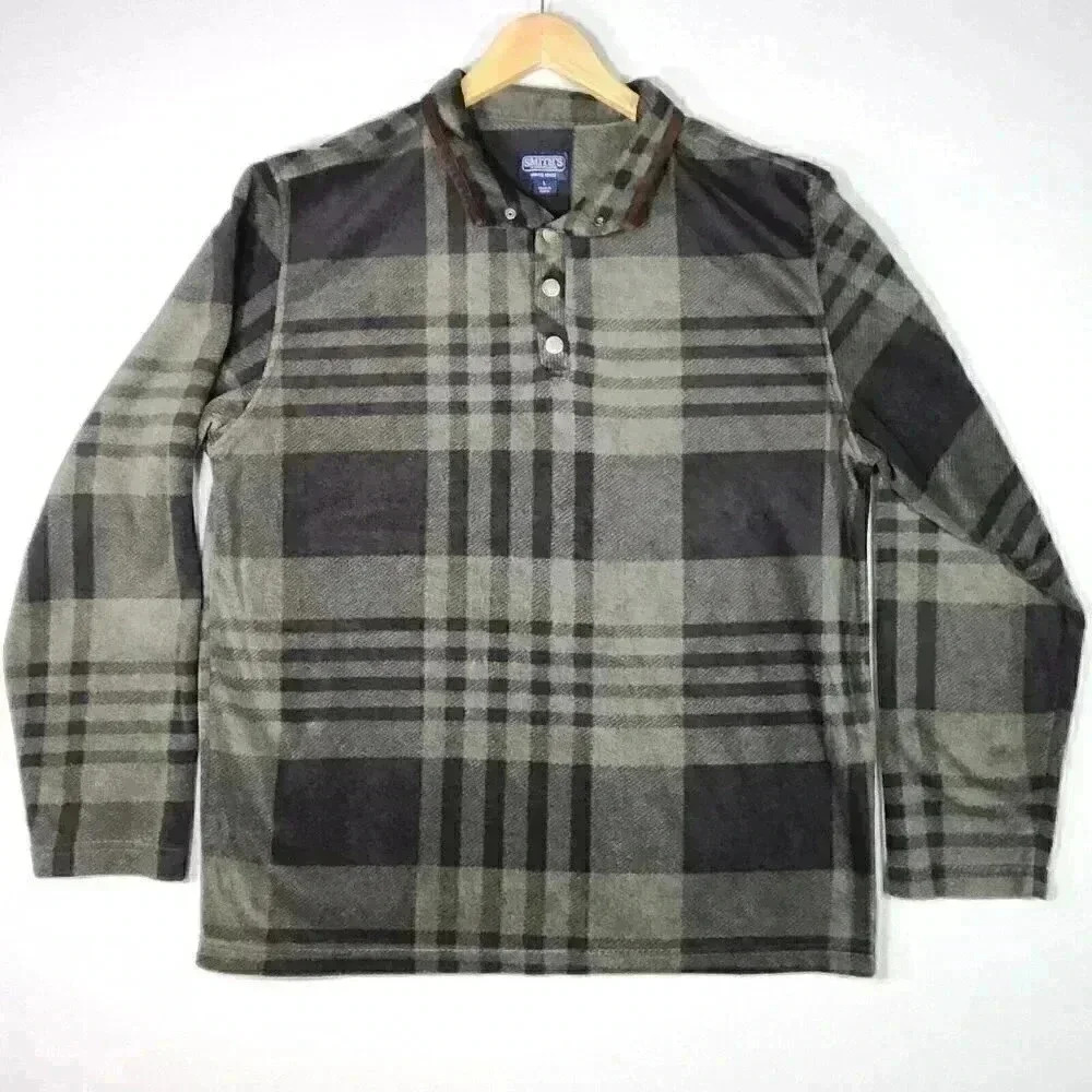 Smith's Workwear Men's Henley Fleece Large Olive Black Plaid Long Sleeve